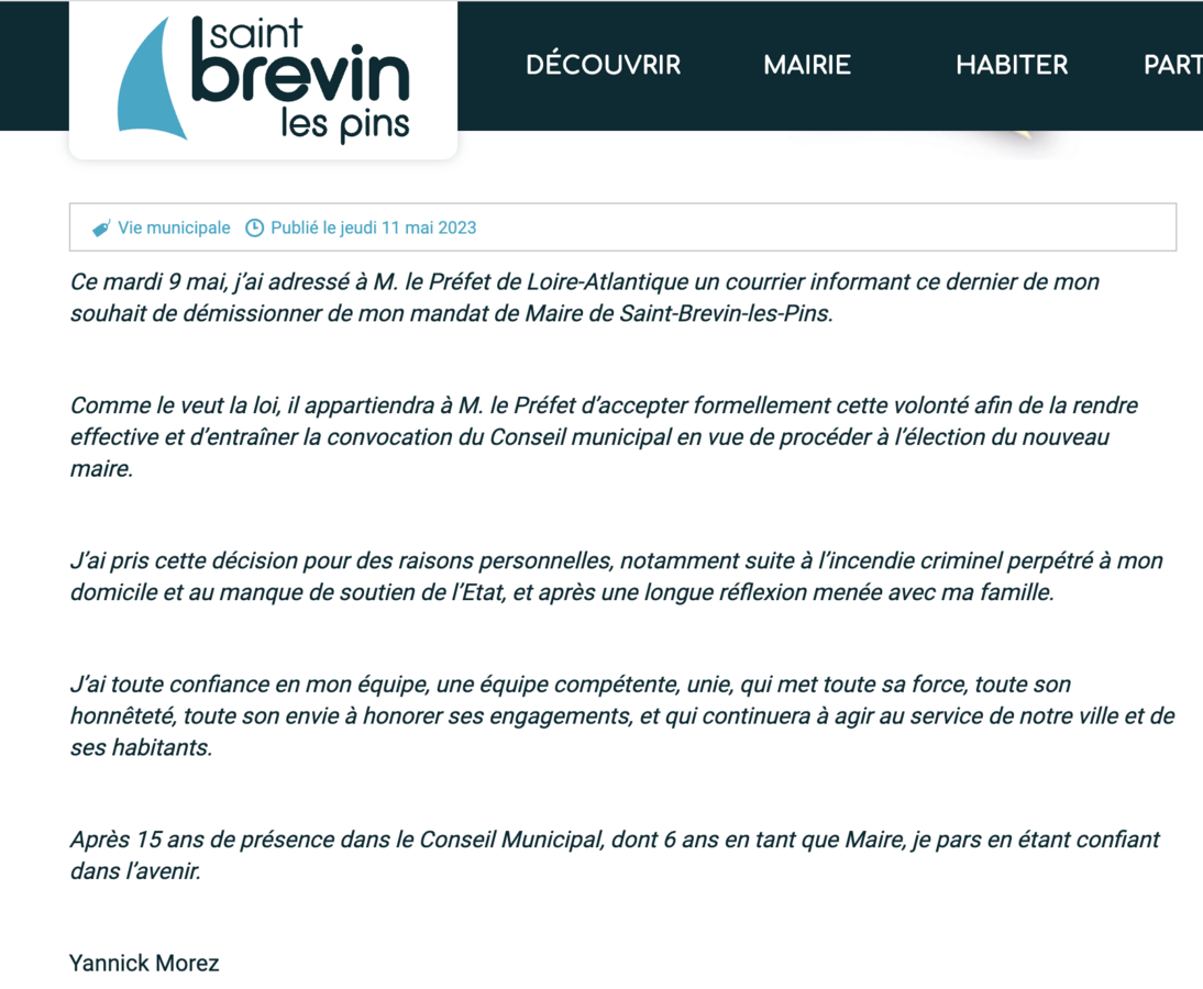 Texte du communiqué du maire de St Brevin - Copie d'écran