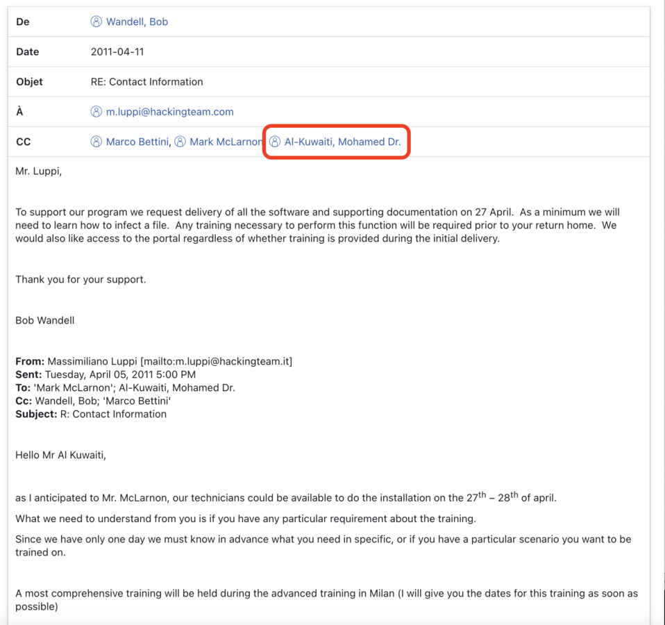 Mail entre Cyberpoint,  Al-Kuwaiti et Hacking Team