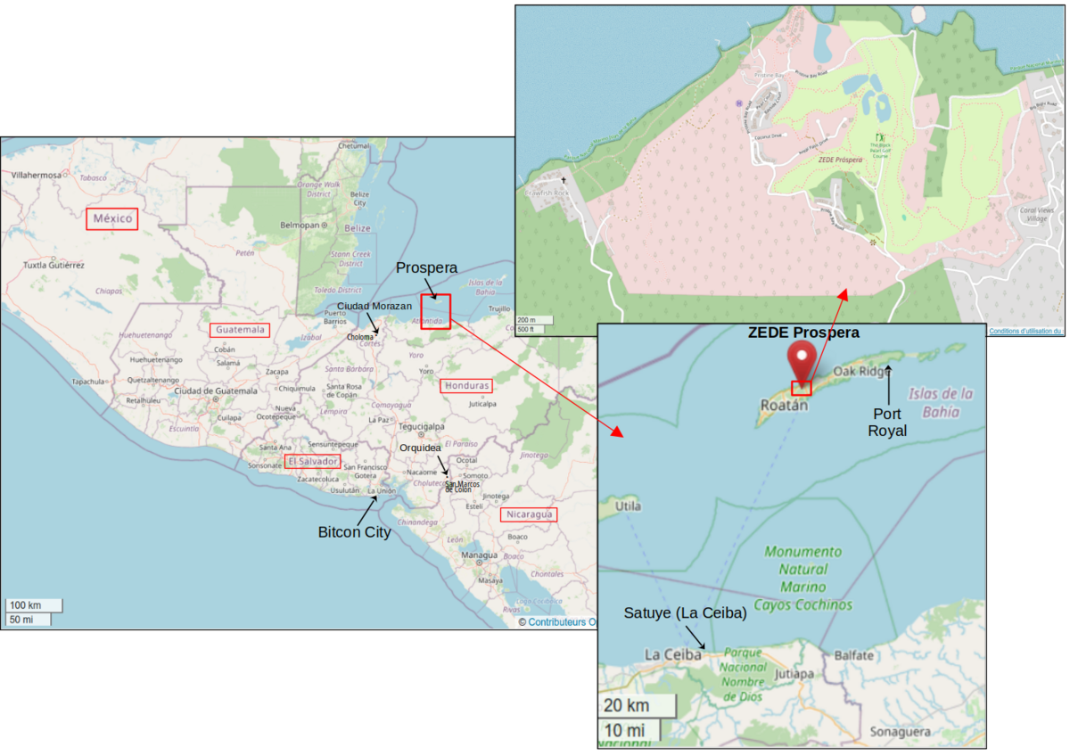  Plan de la région et focus sur Prospera, à l'est de Crawfish Rock, île de Roatan, Honduras - Reflets.info - CCC