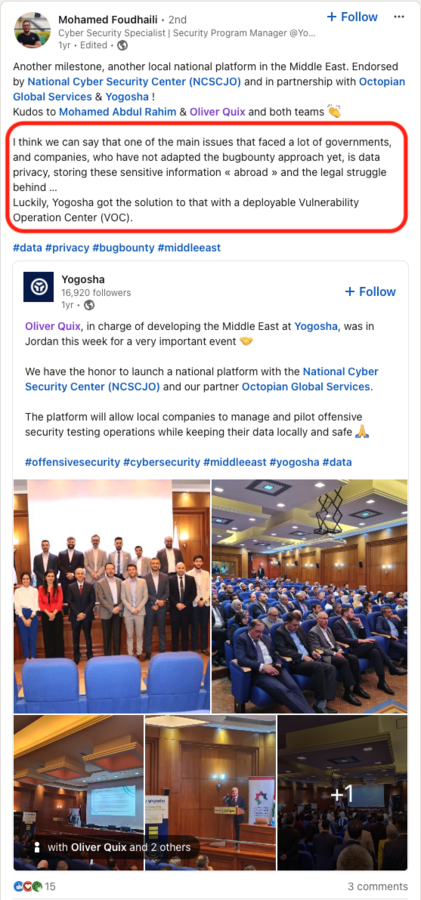 Post Linkedin de Mohamed Foudhaili, cyber security specialist et securitu program manager chez Yogosha