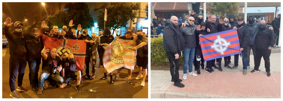 Gauche - Des néonazis des Boixos Nois lors de la veille de la finale de la Coupe du Roi, organisée à Séville à la fin du mois de mai 2019.  Droite : Boixos Nois 2020.  - © Directa