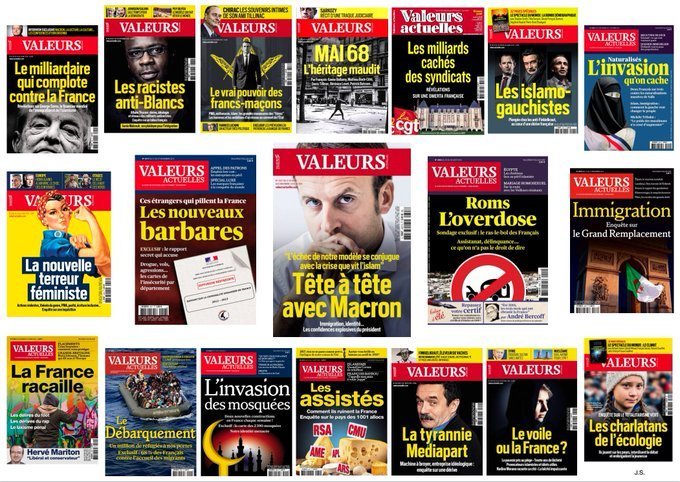 Interview d'Emmanuel M����acron au journal d'extrême-droite Valeurs actuelles et quelques-unes de ses couvertures - D.R.