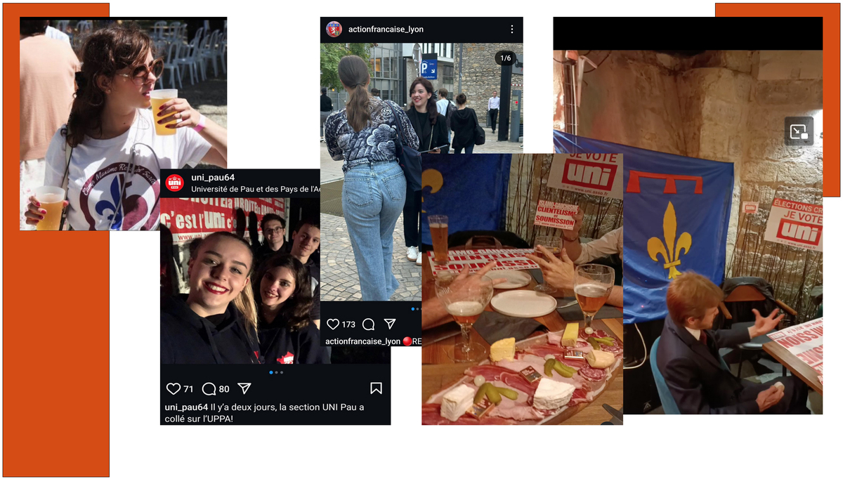 Romane Albanel avec des membres de l'UNI et ces actions à l'Action française - Des militants de l'UNI Avignon : on peut identifier un drapeau orné de la fleur de lys et le geste néonazi à trois doigts. - © Reflets