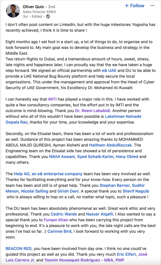 Post Linkedin d'Olivier Quix, sales director EMEA de Yogosha