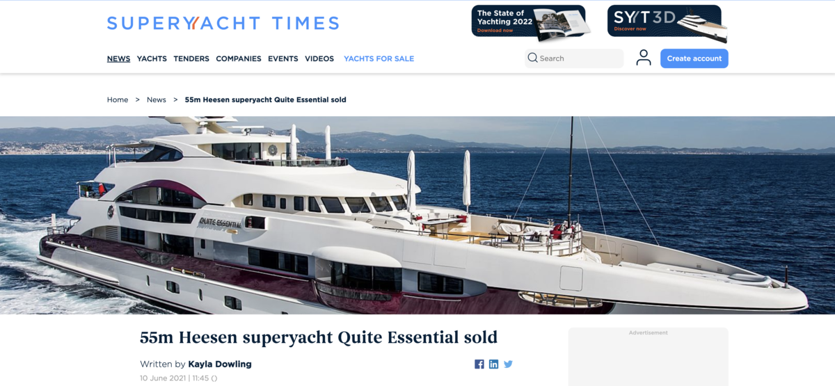 Un article de juin 2021 sur la vente du yacht Quite Essential sur le site superyachttimes.com - Copie d'écran