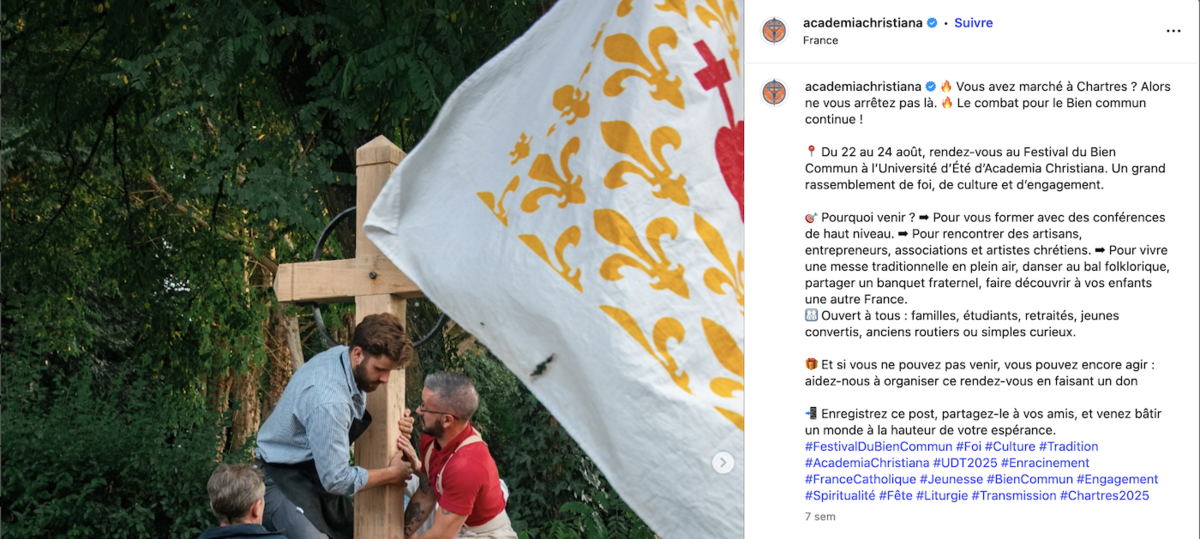 Academia Christiana vante le pèlerinage sur Instagram et met en avant le tailleur de pierre qui affichait des drapeaux nazis dans son local... - Copie d'écran