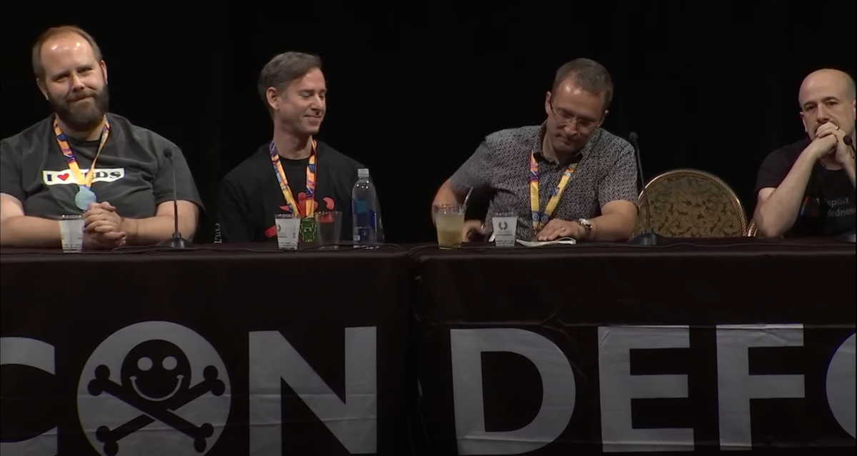 cDc Panel at Defcon 27 - Left to right : Deth Veggie, Omega, Mudge and Dildog
