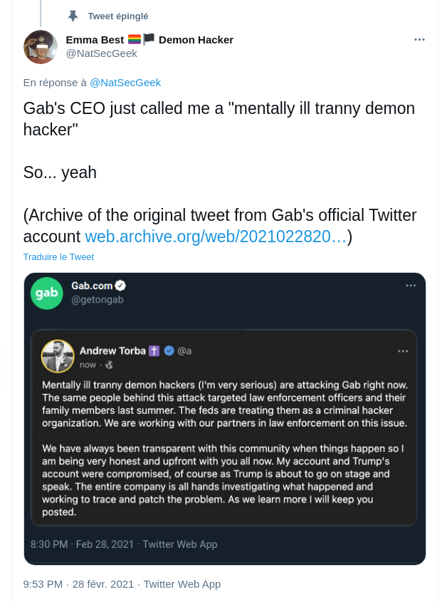 Le PDG de Gab traitant Emma Best de « démon transexuel mentallement dérangé ». Insulte ou compliment ?
