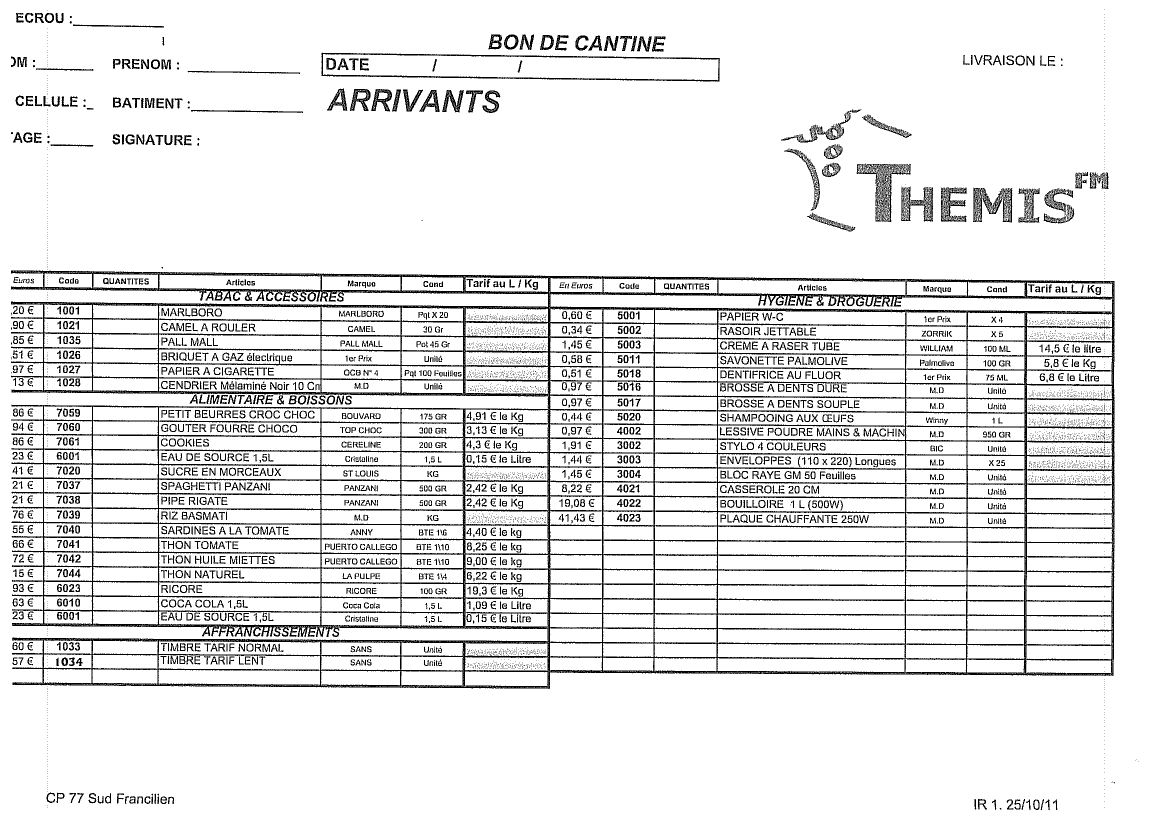 Bon de cantine du centre pénitentiaire de Réau (Seine-et-Marne) en 2011 - source Banpublic.org - (DR)
