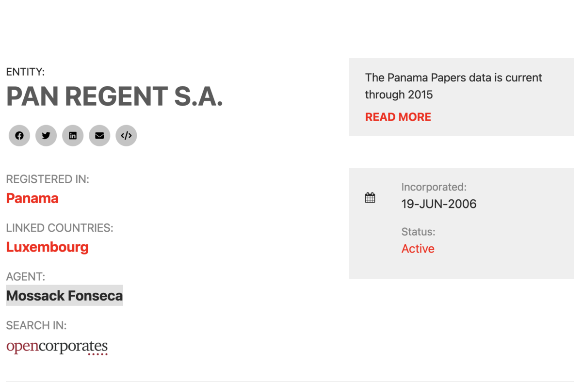 La société Pan Regent apparaît dans les Panama Papers - Copie d'écran