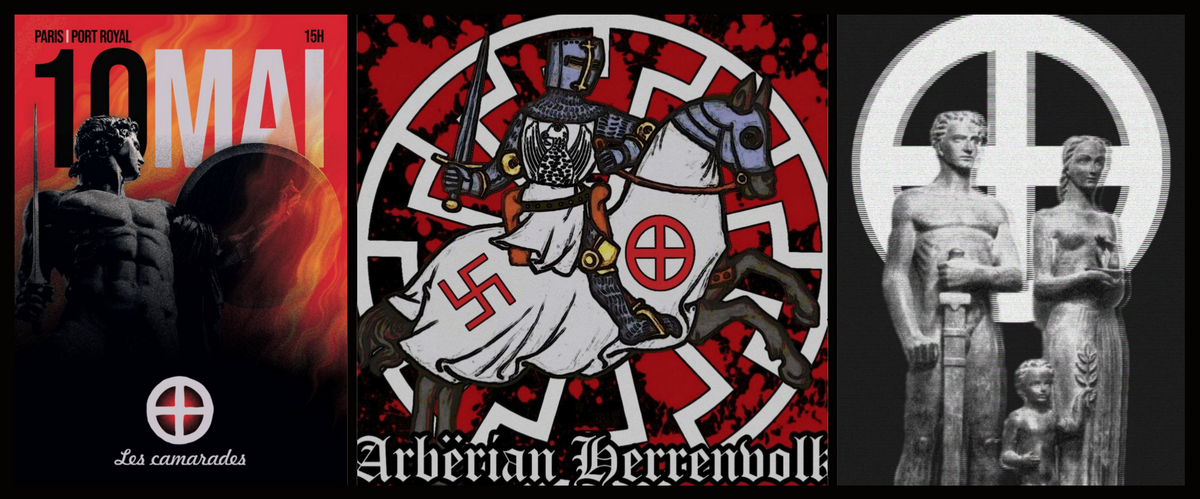 Gauche : affiche de 2025 avec The Wellington Memorial (Achilles) et la roue solaire. Centre : chevalier médiéval portant la croix gammée, la roue solaire et le soleil noir des SS. Droite : statue nazie d’Emil Sutor avec la roue solaire en arrière-plan. Images extraites des canaux français néonazis sur Telegram.  - 2025 - © Reflets