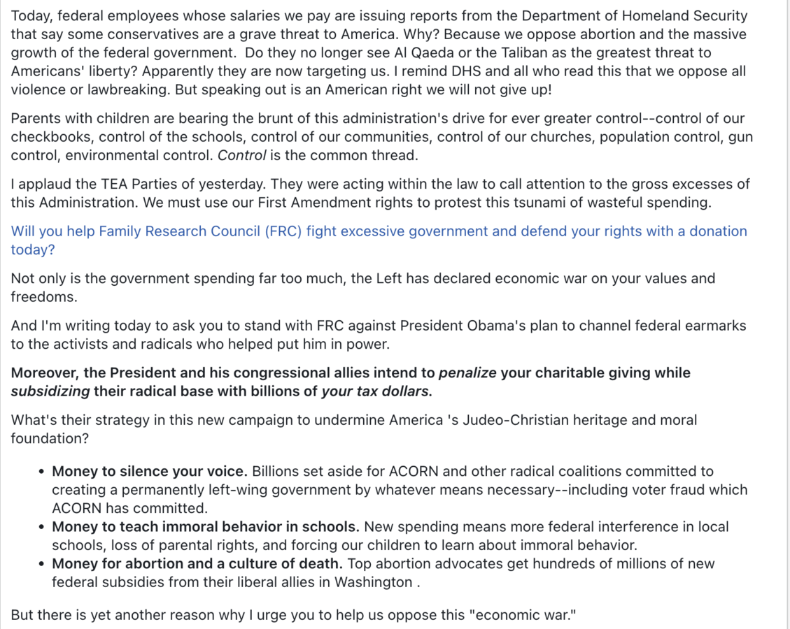 Mail de Anthony Richard Perkins, ancien président du Family Research Council à Steve Debuhr de la Heritage Foundation - © Reflets