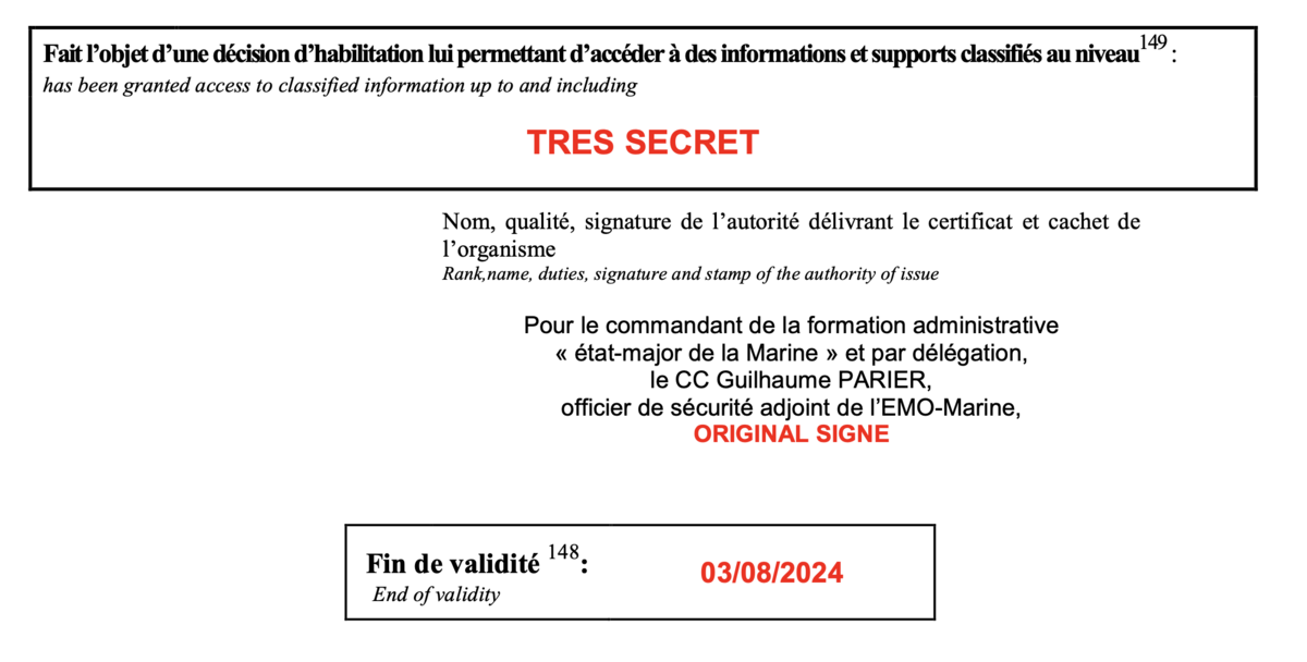 Extrait d’un des documents d’habilitation pour un militaire français - © Reflets