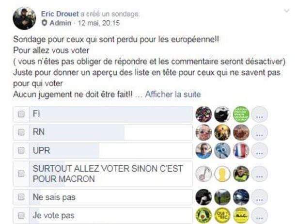 Sondage pre-élection publié sur le facebook de Eric Drouet 