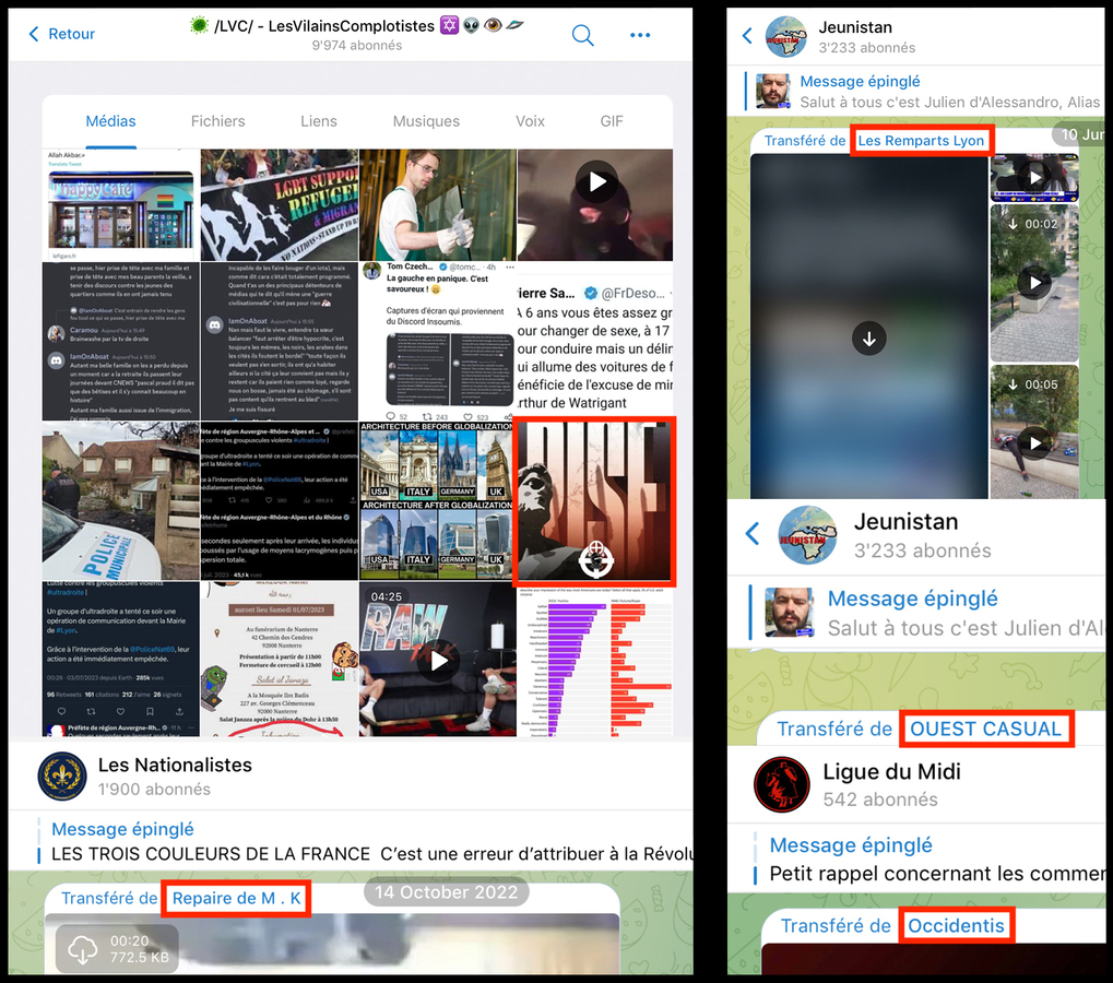 Captures d'écran de plusieurs boucles Telegram néonazies, qui renvoient vers le compte de L’active Club France et Les Remparts Lyon, 2023. - © Reflets