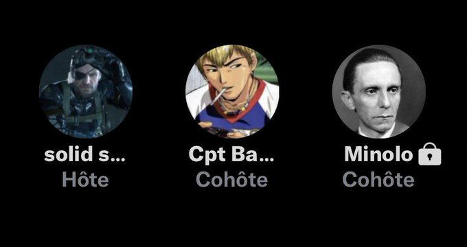 Copie d’écran d’un Space le 2 juin 2022 où la photo de profil de \@Minolo affiche une image identifiable de Goebbels. - Copie d’écran