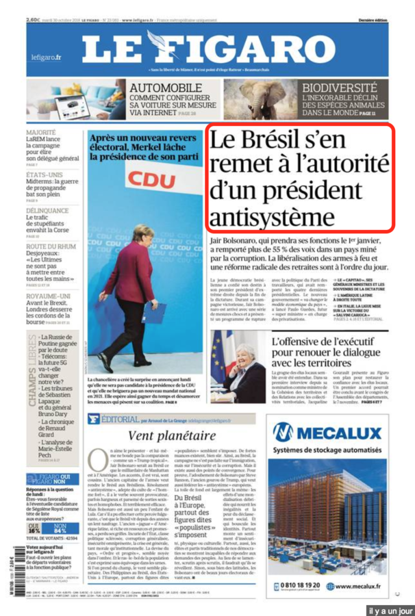 La Une du Figaro au lendemain de l'élection de Jair Bolsonaro - Copie d'écran - CC