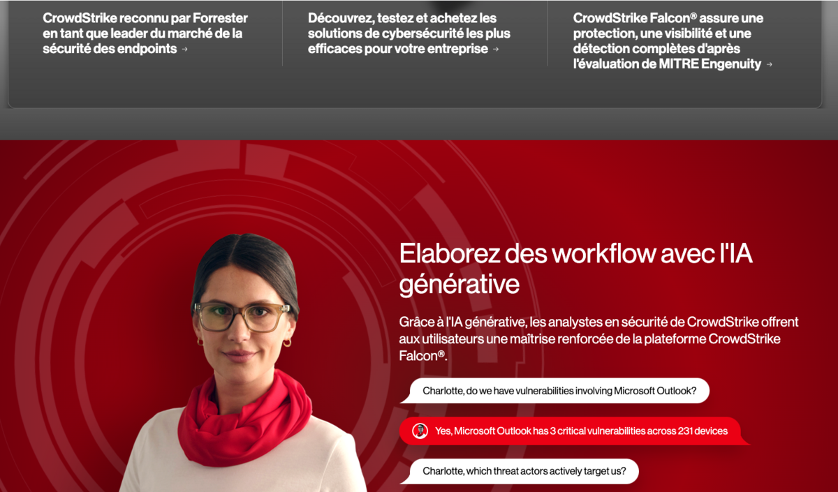 Crowdstrike, comme la plupart des entreprises du secteur, utilise tous les mots clef marketing les plus débiles pour vendre ses solutions - Copie d'écran du site de Crowdstrike