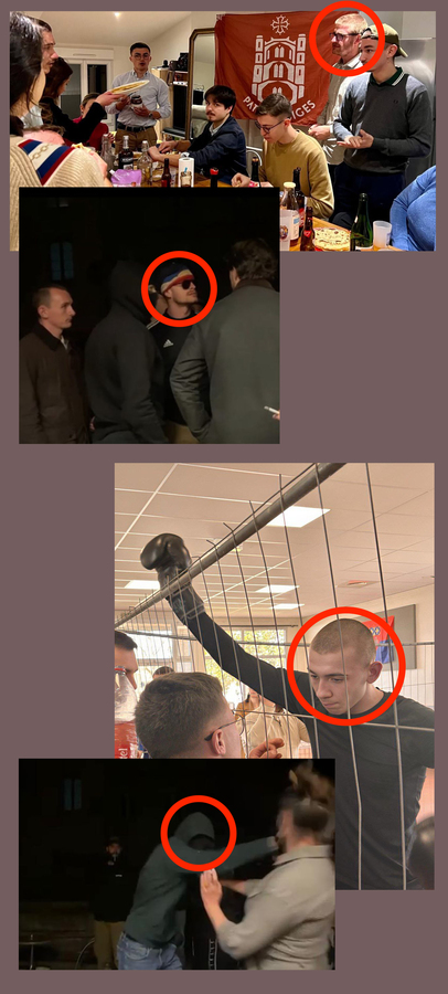 En haut, Thomas R. lors d'un événement de Patria Albigès, puis dans la soirée du 25 avril 2025. En bas, Matteo V. lors d'un événement de Patria Albigès, puis dans la soirée du 25 avril 2025. - © Reflets