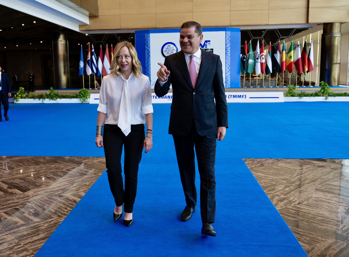 La Première ministre italienne Giorgia Meloni rencontre Abdel Hamid Dbeibah, Premier ministre du Gouvernement d'unité nationale libyen, lors du Forum trans-méditerranéen sur les migrations à Tripoli, le 17 juillet 2024 - governo.it