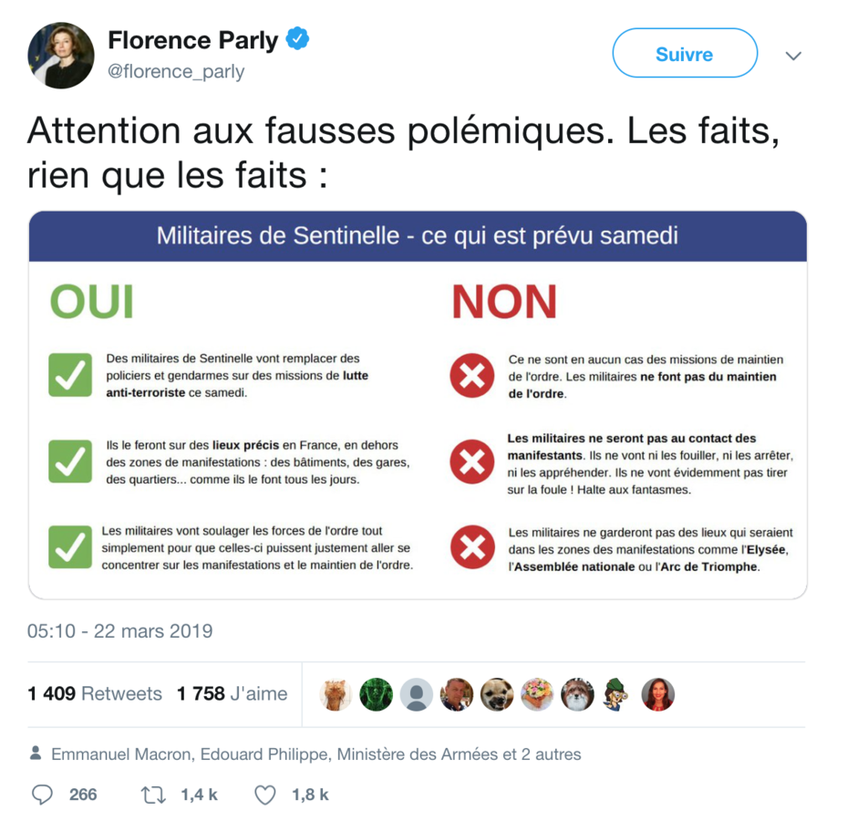 Tweet de Florence Parly le 22 mars. - Copie d'écran Twitter